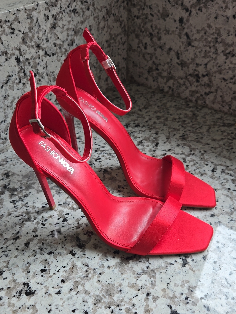Fashion Nova Red Open-Toe Stiletto Sandals with Ankle Strap